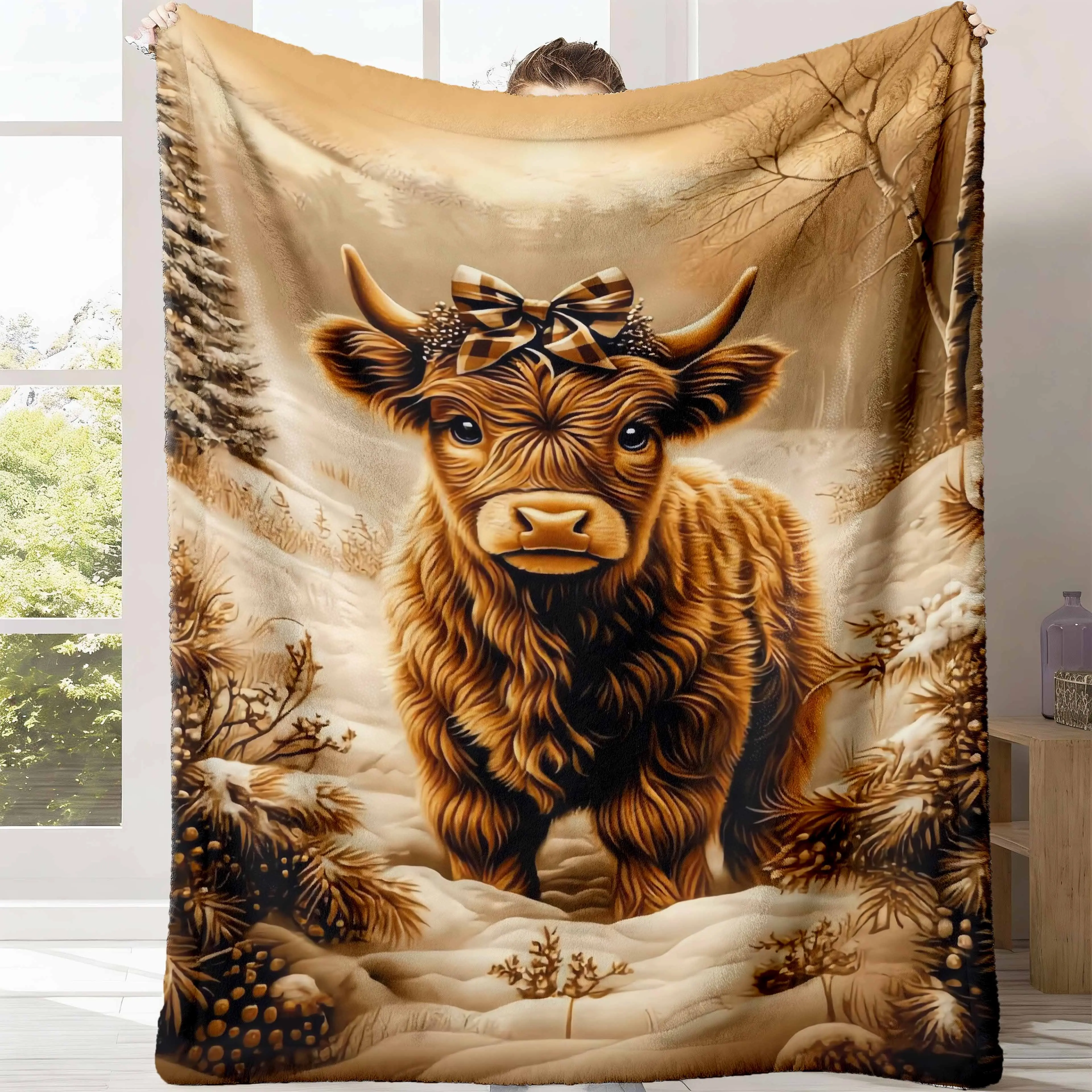 Highland Cow Print Fleece Throw Blanket - Custom Flat Weave Flannel Fabric, Super Soft, Warm, Stain-Resistant, Fade-Resistant, Durable, Multi-Size; Ideal Gift for Moms & Home Use, Throw Blankets