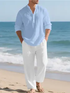 Men's Casual Solid Color Woven Linen Fabric Set, Breathable Comfort Beach Vacation, V Neck Long Sleeve Shirt & Straight Leg Pants Two-Piece
