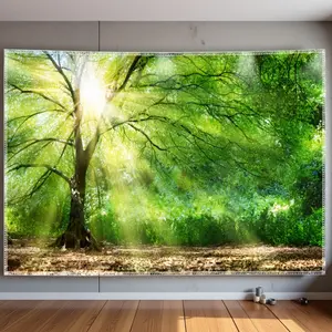 1pc Spring Sunshine Forest Landscape Photo Background Wall Hanging | Large Polyester Tapestry with Free Hanging Clips, Ideal for Living Room, Bedroom, Office, and Party Decorations, Room Decoration | Serene Forest Scene | Polyester Fabric