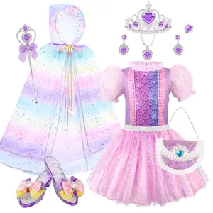 Princess Dress Kids Costume Set, Sweet Princess with Necklace Earrings Crown Shoes, Birthday Cape Walk Show, Fun Role Play Clothing