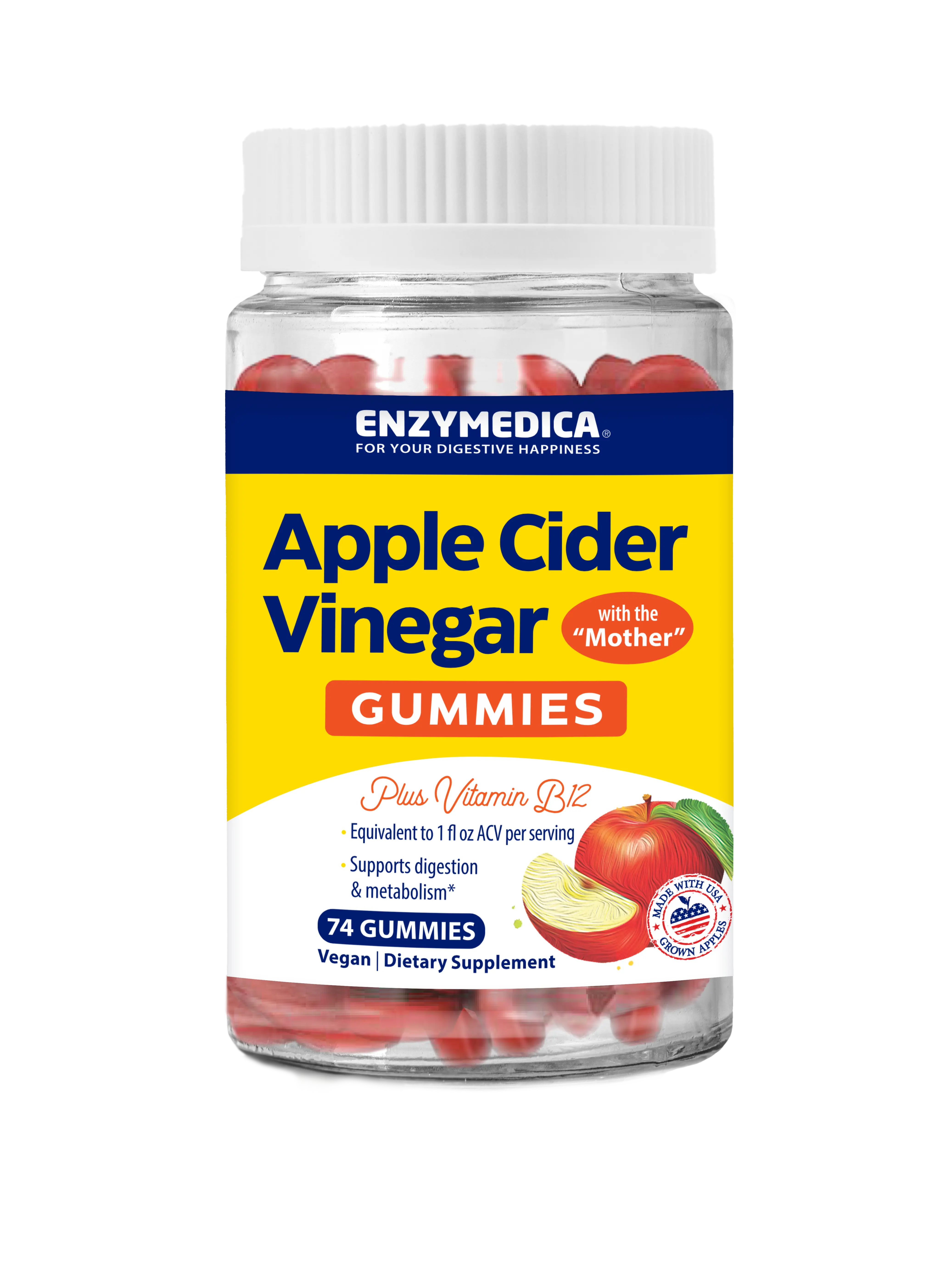 Enzymedica Apple Cider Vinegar Supplement for Women & Men - Apple Cider Vinegar Gummies with Mother, 1000 mcg Vitamin B12 & 710 mg ACV per Serving, Gut Health & Digestive Support, Vegan