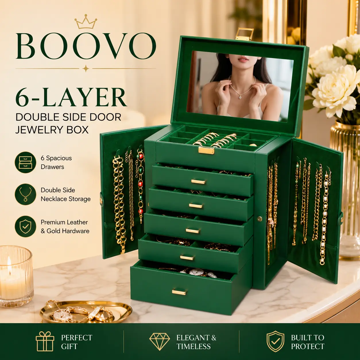 BOOVO（Sage Green）Modern 6-Layer Jewelry Organizer Box for Women - Large Jewelry Storage Box with Glass Lid & Mirror, PU Leather Jewelry Holder, Anti-Tarnish Velvet Lining for Necklaces, Rings & Earrings, Elegant Gift for Her