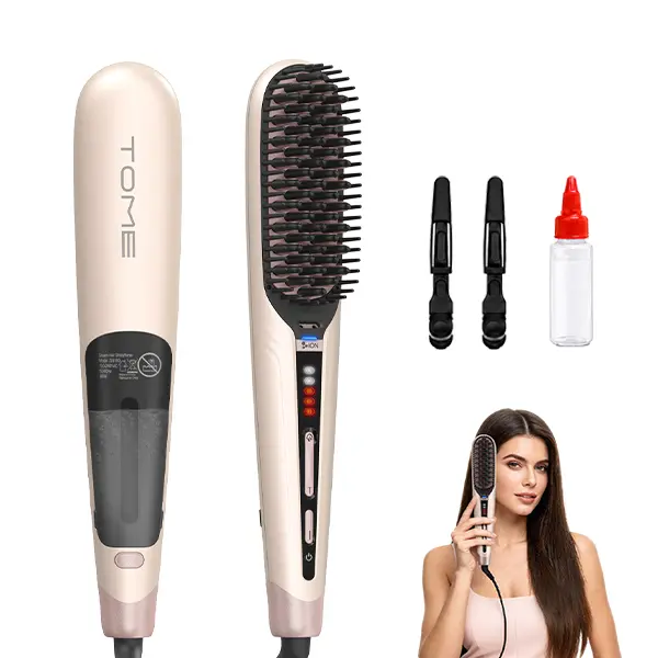 TOME Steam Hair Straightener Brush for Frizz Control, 2 Steam Levels & 3 Heat Settings, Anti-Scald Fast Styling Brush, Dual Voltage 100-240V
