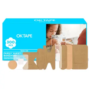 OK TAPE Assorted Adhesive Bandages, 300 Ct, 9 Sizes Sterile Bandage for Wounds, Fingertip and Knuckle, Latex Free, Protection for First Aid (Fabric, Sheer, Waterproof&Clear) outdoorfun