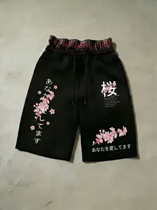 Japanese Cherry Blossom Sakura Print Streetwear Shorts with Double Waistband Design, Plaid Trim, Unisex Casual Urban Bottoms for Daily Streetwear Outfits