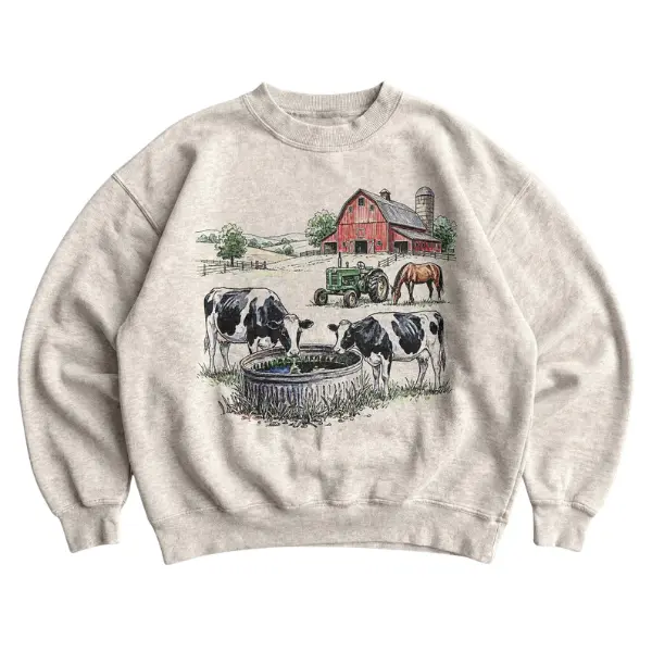 Women's 90s Vintage Nostalgia Fitted Long Sleeve Printed Round Neck Farm Graphic Sweatshirt - Western Country Cow Horse Barn Pullover, Casual Cotton-Polyester Unisex Tops