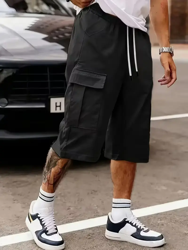 Men’s Polyester Plain Cargo Shorts, Menswear Drawstring Elastic-Waist Loose Fit Knee-Length, Multi-Pocket Versatile Casual Athletic Streetwear
