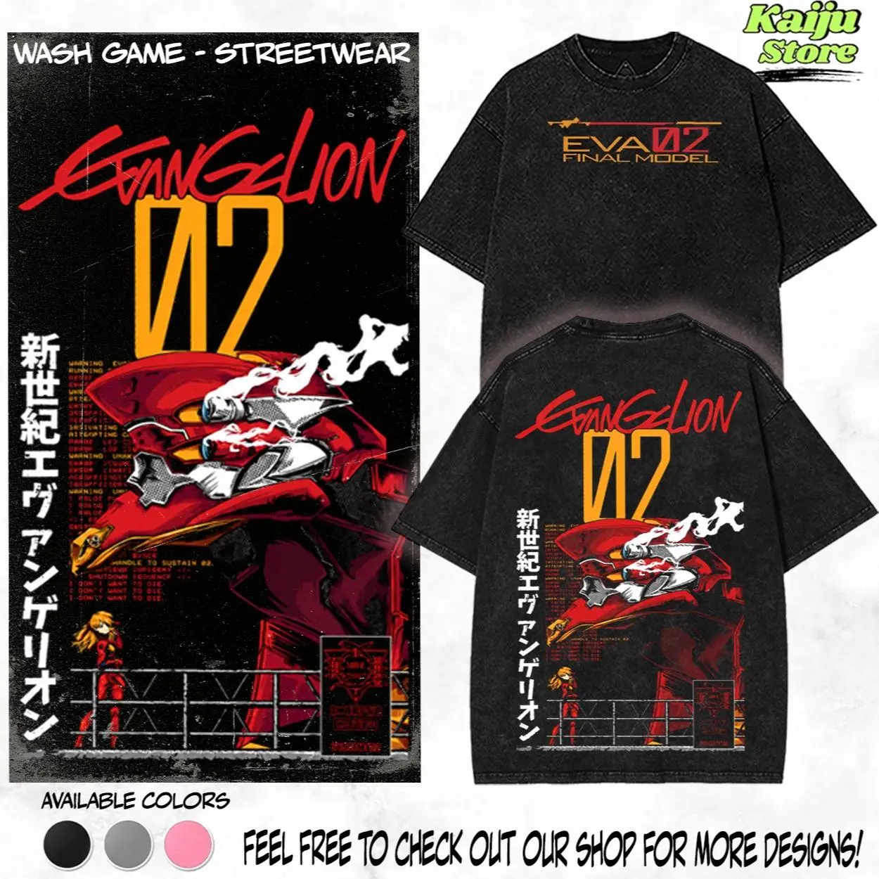 EVA-002-Neon Genesis Evangelion Washed Heavy Cotton T-Shirt | Tanktop | Hoodie | Sweatshirt,  Unisex Anime Manga Tee and Evangelion Fans Fabric Menswear Top Tshirt Clothing Collar Seamless Streetwear Hoodie Kangaroo Graphic Tee Merch Gift