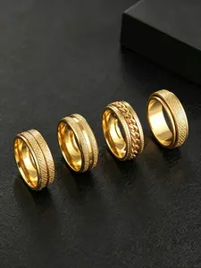 4PCS Men's Multi-color Spinner Ring Set, Gold/Black/Silver/Blue Tone, Chain/Roman Numeral/Brushed Design, Hypoallergenic & Fade Resistant, Trendy Stackable Rings, for Daily, Party & Dating Wear