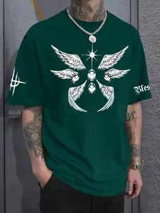 Men's Summer Trendy Streetwear Casual Short Sleeve Tee, Loose Fit Round Neck Design, High-Quality Angel Wing Print, Comfortable & Stylish