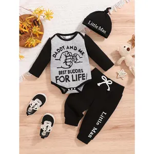 Newborn Boy 3-Piece Set, Letter Print Bodysuit, Casual Pullover, Long Pants, Hat, Spring/Autumn Outfit, Polyester Blend, Regular Fit, Knit Fabric with Spandex, for Outdoor