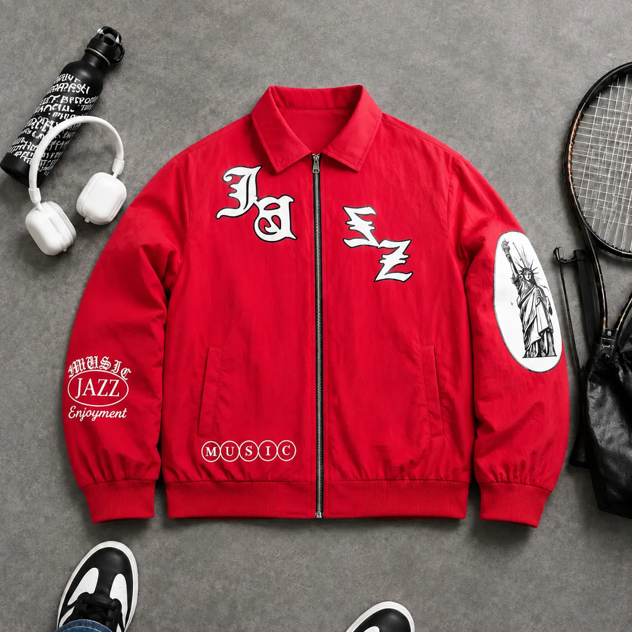 Men’s cropped streetwear bomber jacket with graphic print, zip-up closure, vintage urban style, casual outerwear