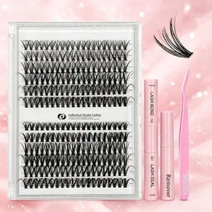 3-piece personalized eyelash extension set with mixed lengths, including adhesive, sealant, remover, tweezers, and an eyelash curler; natural lashes designed specifically for women—professional eye makeup accessories.