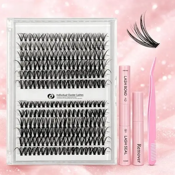 3-piece personalized eyelash extension set with mixed lengths, including adhesive, sealant, remover, tweezers, and an eyelash curler; natural lashes designed specifically for women—professional eye makeup accessories.