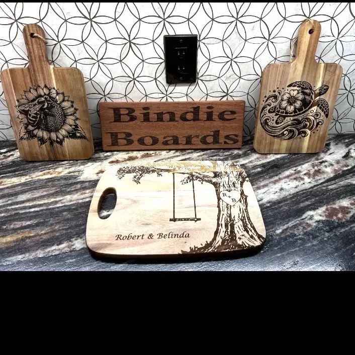 Bindie Boards Custom Laser Engraved Cutting Boards Personalized with Tree Swing Design & custom made to order names