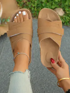Women's Flat Sandals Peep Toe Summer New Thick Sole Slip-Ons, Outdoor Casual Comfortable Daily Wear Slippers, Ladies Fashion Footwear Pu Leather Slides