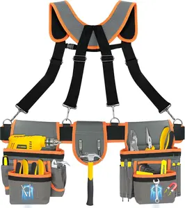 Tool Belts for Men with  Function, Large Capacity Carpenter Electrician Tool Belt with Suspenders for Men, Electrician Tool Pouch Bag with Adjustable  Size, Grey and Orange