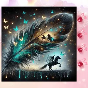 5D DIY Full Drill Round Diamond Painting - Diamond Art Kit Handicraft Feathers, Horses, Butterflies Mosaic, Canvas - DIY Decorative Painting, Home Wall Decor, Suitable for Halloween and Christmas, Birthday and Anniversary Gifts