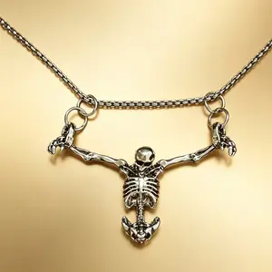 Gothic Skeleton Pendant Necklace, Punk Style, Adjustable Box Chain, Dark Aesthetic, Unisex, For Edgy Streetwear & Halloween Vibes