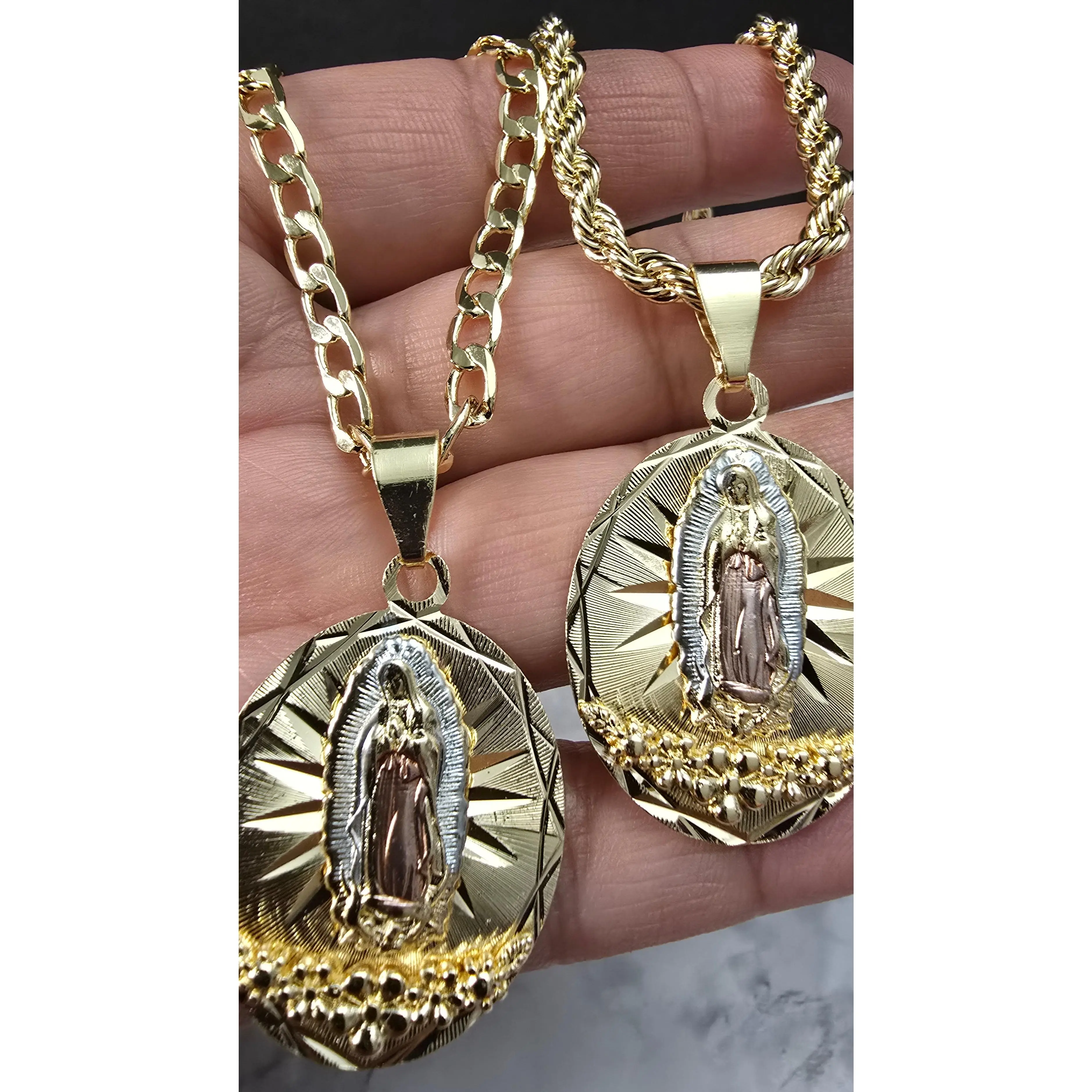 Virgen New Style 14k Gold Plated Virgencita Tri Color Pink Silver and Gold Cut Style Oval Pendant with Chain Cadena Virgen De Guadalupe