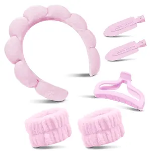 Spa Headband for Washing Face, Cute Skincare Headband and Wristband With Hair Clips Gift Set for Women Girl, Soft-Puffy Velvet Makeup Headbands (Pink)