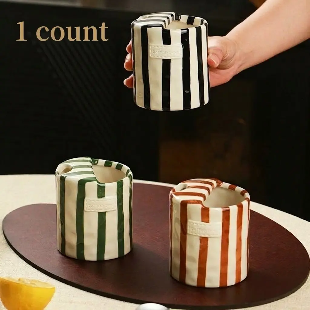 Retro Striped Hand-Painted Ceramic Mark Hand-Held Cup Heat-Resistant Non-Slip Double-Enjoy Cup Insulated Coffee Mug for Milk Coffee Juice Latte Cocoa Cereal Hot Cold Drinks Valentine's Day Mother's Day Christmas Thanksgiving New Year Gift Drinkware