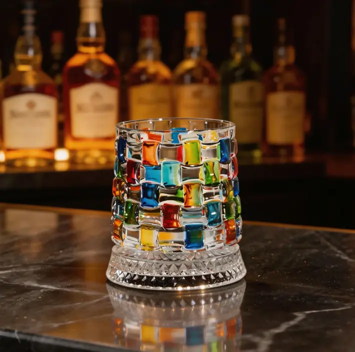 Hand-Painted Embossed Rotating Whiskey Glass – Minimal Luxury Crystal Tumbler with Smooth Spin Design，Equipped with a light-up base