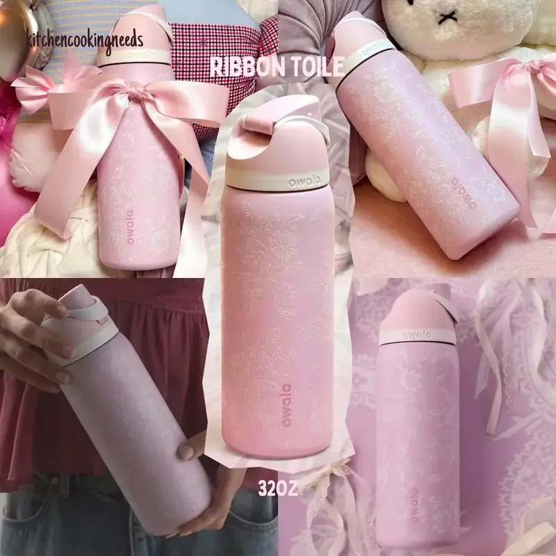 Owala FreeSip 32oz Ribbon Toile Pink Insulated Stainless Steel Water Bottle with Straw Lid Cute Floral Tumbler for Travel Gym School