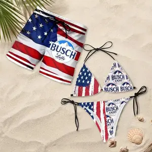 Matching Busch Latte Swimwear Set for Couples – Swim Bra & Tie Side Thong Bikini + Men's Beach Shorts, Summer Vacation Swimsuit, Aloha Beach Outfit, Casual Holiday Bathing Suits
