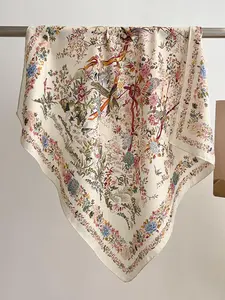 Elegant Floral Print Square Scarf for Women, Thin Silk-Like Shawl Wrap, Stylish Plant Design Headscarf, New Fashion Accessory, Boho Style Scarf