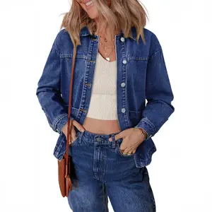 Sidefeel Women Oversized Denim Jacket Long Sleeve Lapel Collar Button Front Coat with Patch Pockets