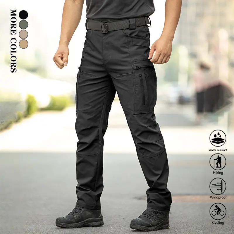 Menswear Men's Tactical Cargo Pants - Casual, Belt-Free, Multi-Functional Pockets, Comfortable, Wear-Resistant, Water-Repellent for Hiking, Outdoor Camping  solid color tactical work pant