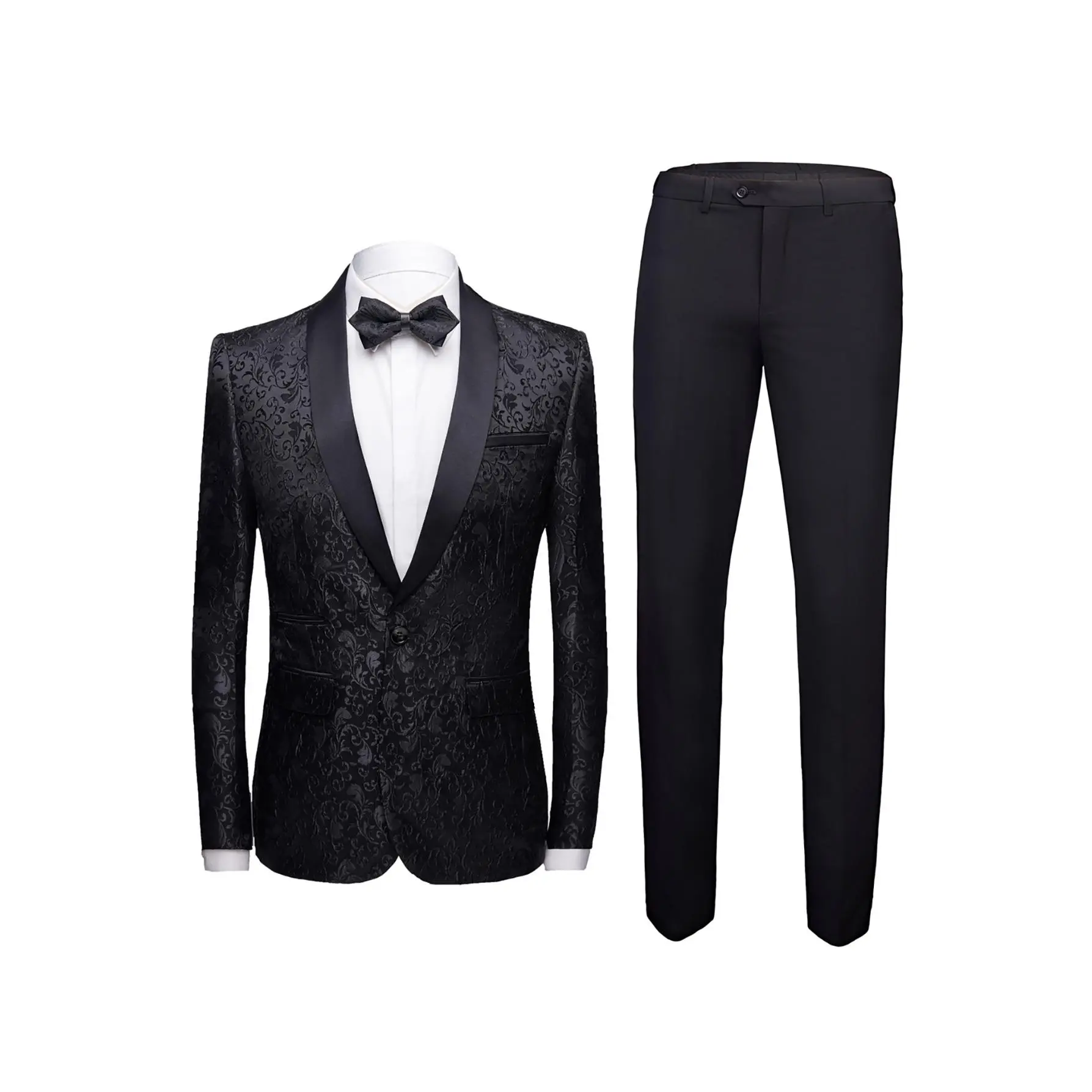 Men's 2-Piece Suit Set, Slim Fit Floral Jacquard Fabric Blazer and Pants with Shawl Lapel for Wedding Party, Prom, Evening, Button, Floral Men's Suit Separates, Fancy Men's Suits