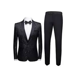 Mens 2 Piece Floral Jacquard Dress Suit Set 1 Button Print wedding Dinner Jacket Pants-Black