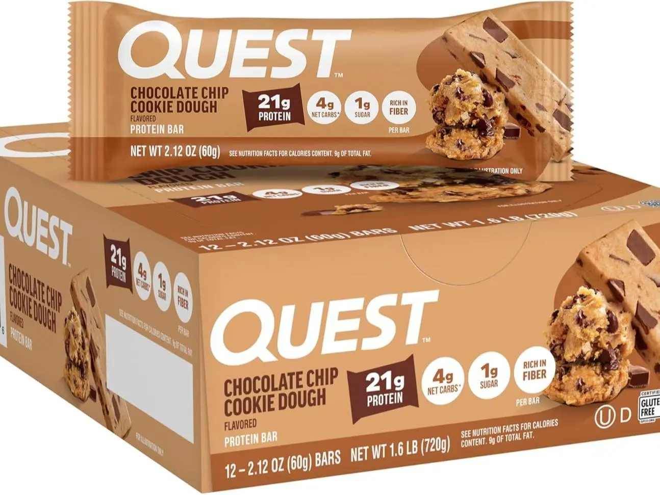 Quest Nutrition Chocolate Chip Cookie Dough Protein Bars, High Protein, Low Carb, Gluten Free, Keto Friendly, 12 Count