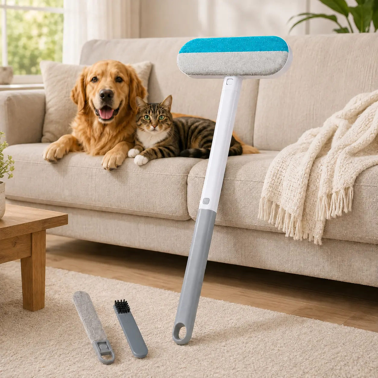 4-in-1 Reusable Pet Fur Removal Tool - Long Handle, Detail Brushes, Flexible Bristles, Reusable Pads, Deshedding Tool with Easy Cleanup, Universal Gathers Hair for Sofas, Rugs
