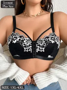 Plus Size Lace Front Closure Bra, Bralette, Elegant Floral Contrast Lace Trim, No Padding-No Underwire, Adjustable Straps, Buckle, Sexy Women's Lingerie Underwear