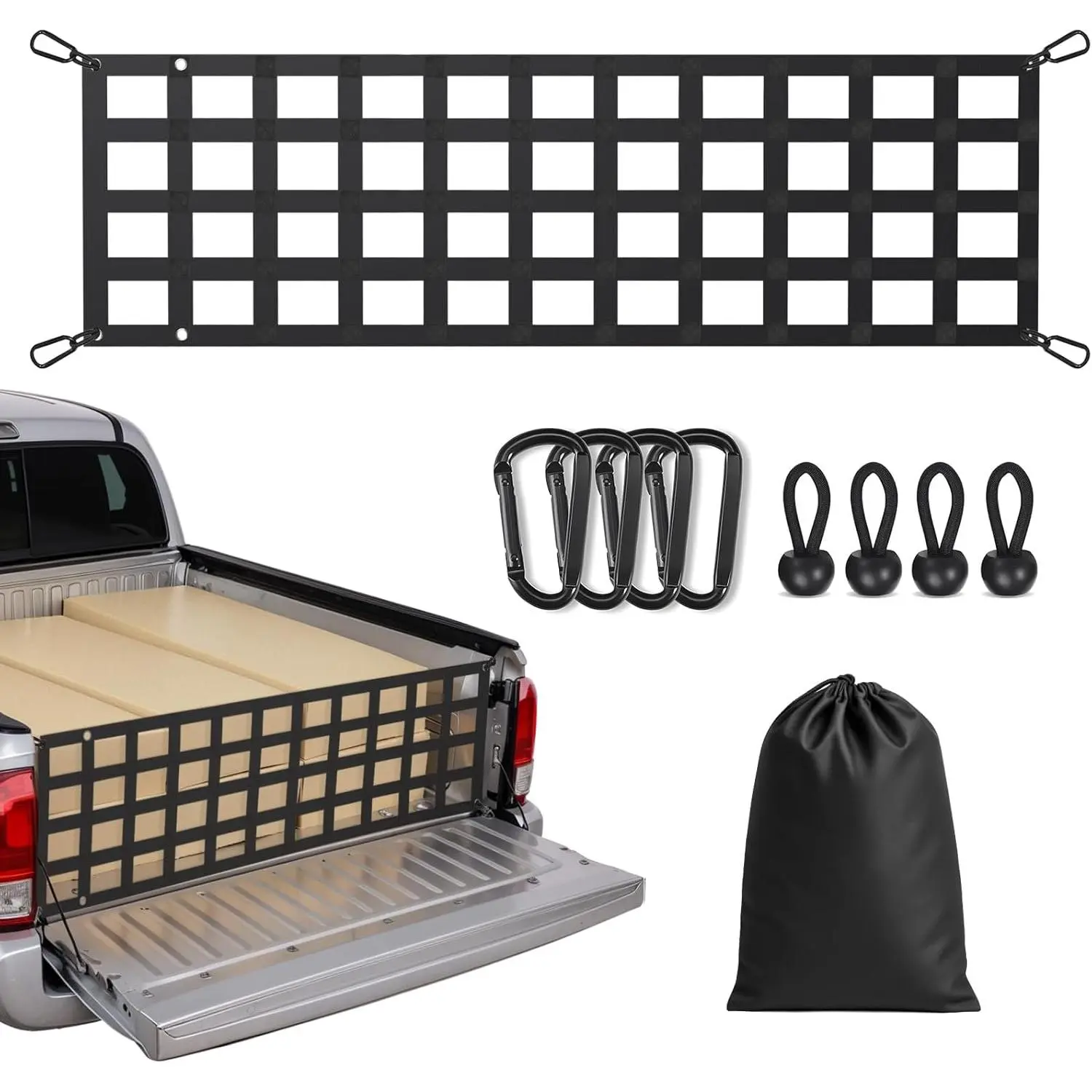 Heavy Duty Polyester-Nylon Truck Bed Tailgate Net (60x18 in, Black) for Full Size Pickups, 4 Adjustable Buckle Straps & Hooks, Breathable Mesh, Easy Install & Clean, Cargo Securement, Shopping, Enhanced Safety & Stability