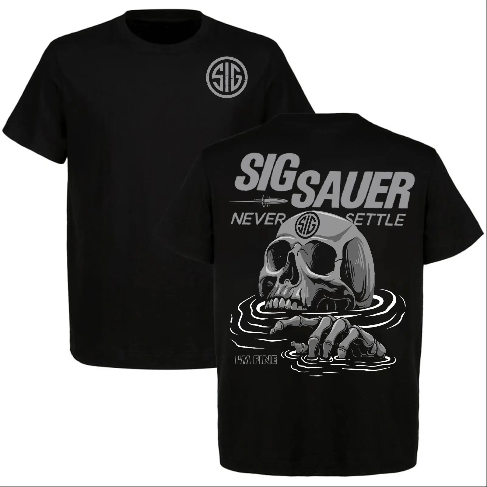 SIG Sauer Skull "I’m Fine" Mens Short-Sleeve Round Neck Regular Fit Graphic Tee, Tactical Gun-Style Menswear, Black Streetwear Gift for Gun Enthusiasts, USA Sports & Outdoor Apparel, Shortsleeve