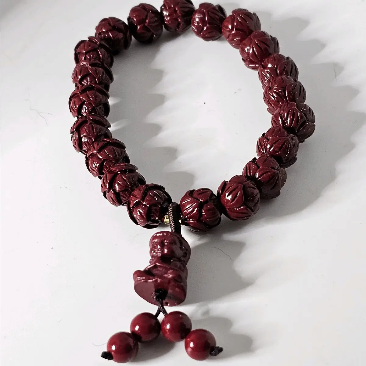 Red Cinnabar Carved Lotus Crystal Bead Bracelet & Buddha Bead Charm 10mm