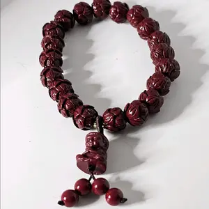 Red Cinnabar Carved Lotus Crystal Bead Bracelet & Buddha Bead Charm 10mm
