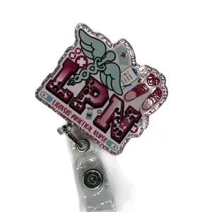 Creative ID Badge Holder LPN Licensed Practical Nurse Design with Glitter Accents and Retractable Reel