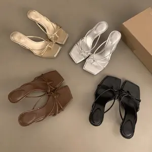 Women's Slim-Strap Square-Toe Toe-Post Kitten Heel Sandals, Minimalist & Stylish Crisscross Straps, Sleek Toe, Elevate Any Outfit