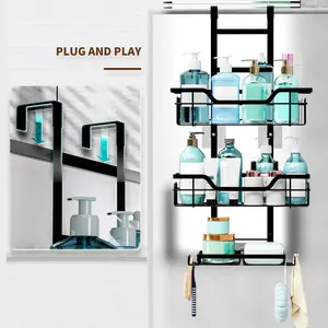 Over the Door Hanging Storage Rack | Punch-Free Black Bathroom Shower Shelf Organizer | No-Drill Storage Shelf for Bathroom Accessories