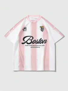 Women's Boston Football Club Crest Print Round Neck Tee, Casual Fashion Short Sleeve T-shirt for Summer, Ladies Clothes for Daily Wear, Top