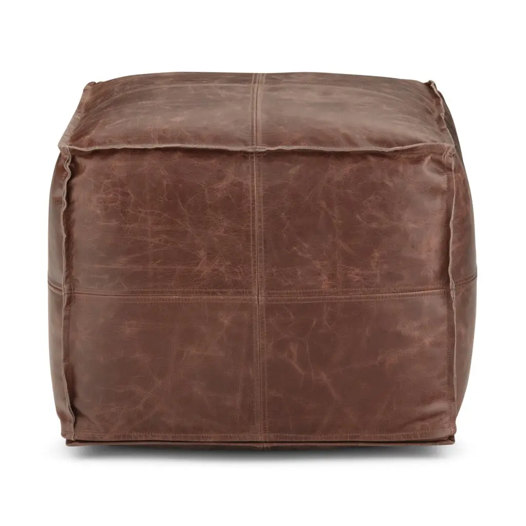 Brown Leather Bohemian Square Single-Seat Small Pouf Ottoman with 360-Degree Stand, 14x18.10x18.10 in, Living Room Decor, Furniture Living Room (Model 638573)