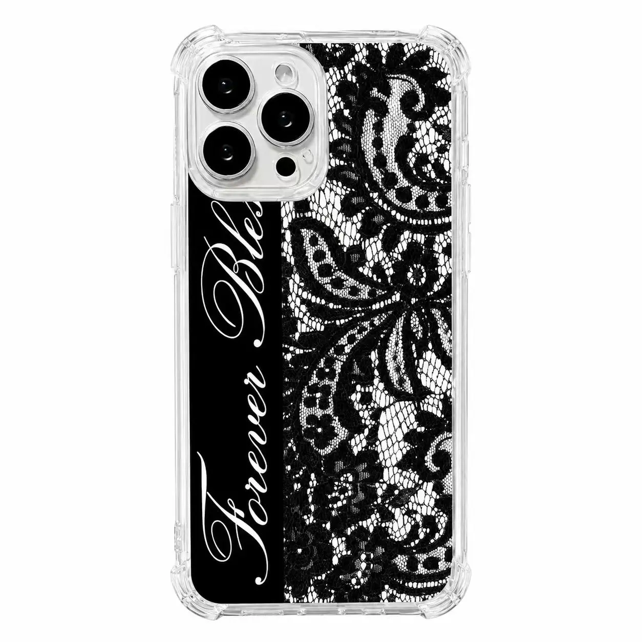 Black Lace Forever Blessed Shockproof Anti-Slip iPhone Case, Elegant Floral Lace Split Print Clear Airbag Bumper Protective Phone Cover Compatible with iPhone13-17Pro