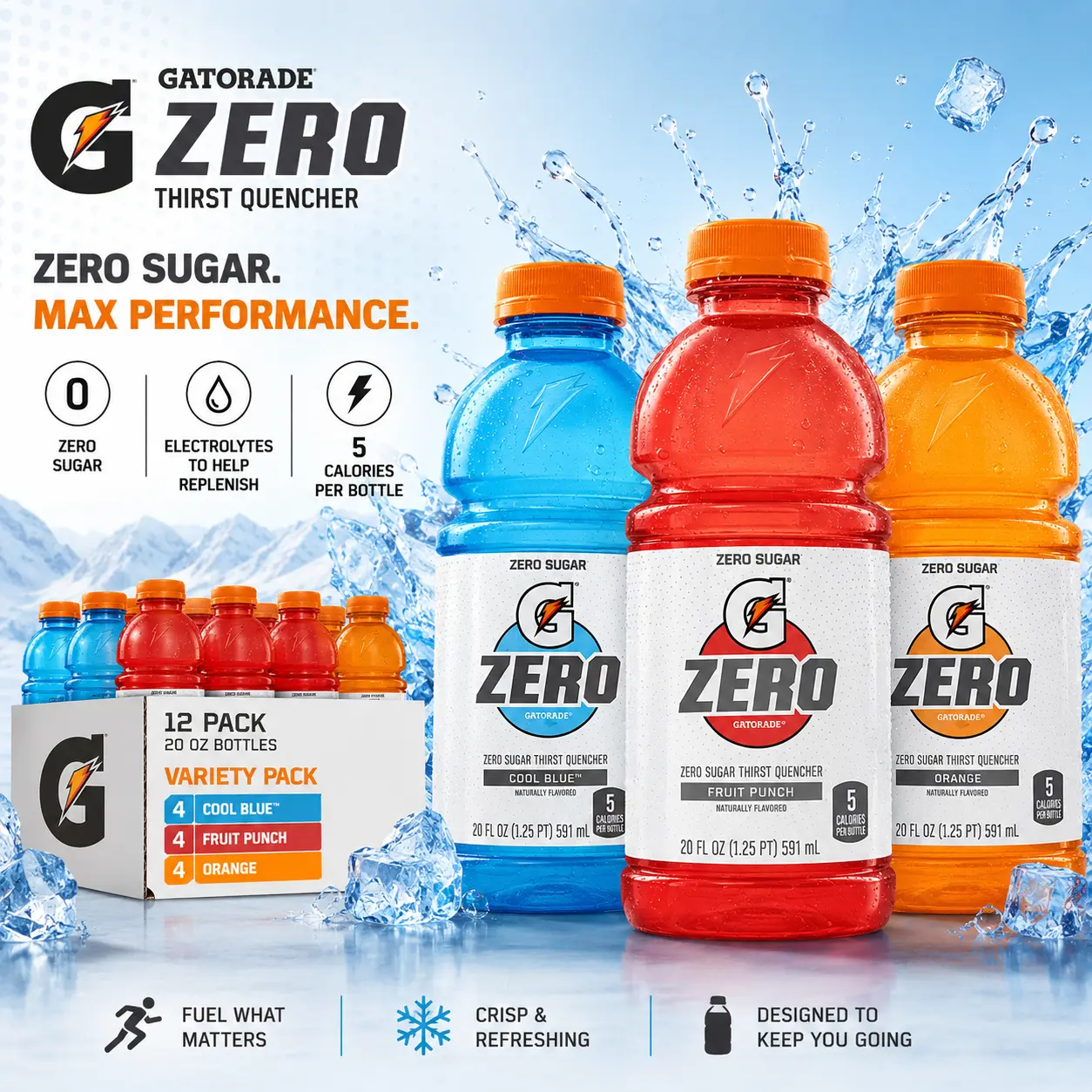12 Pack Gatorade 0 Thirst Quencher Sugar-Free Low-Calorie Electrolyte Liquid Sports Beverage, 3-Flavor Variety Pack, 20oz Bottles for Athletes