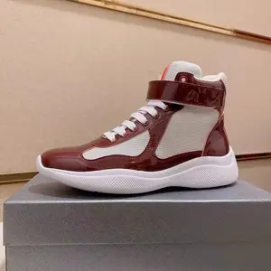 Men Leather Sports women Shoe Mesh Breathable Running Shoes  Color Blocked Fashionable High Top Patent Leather Rubber Shoe Thick Soled