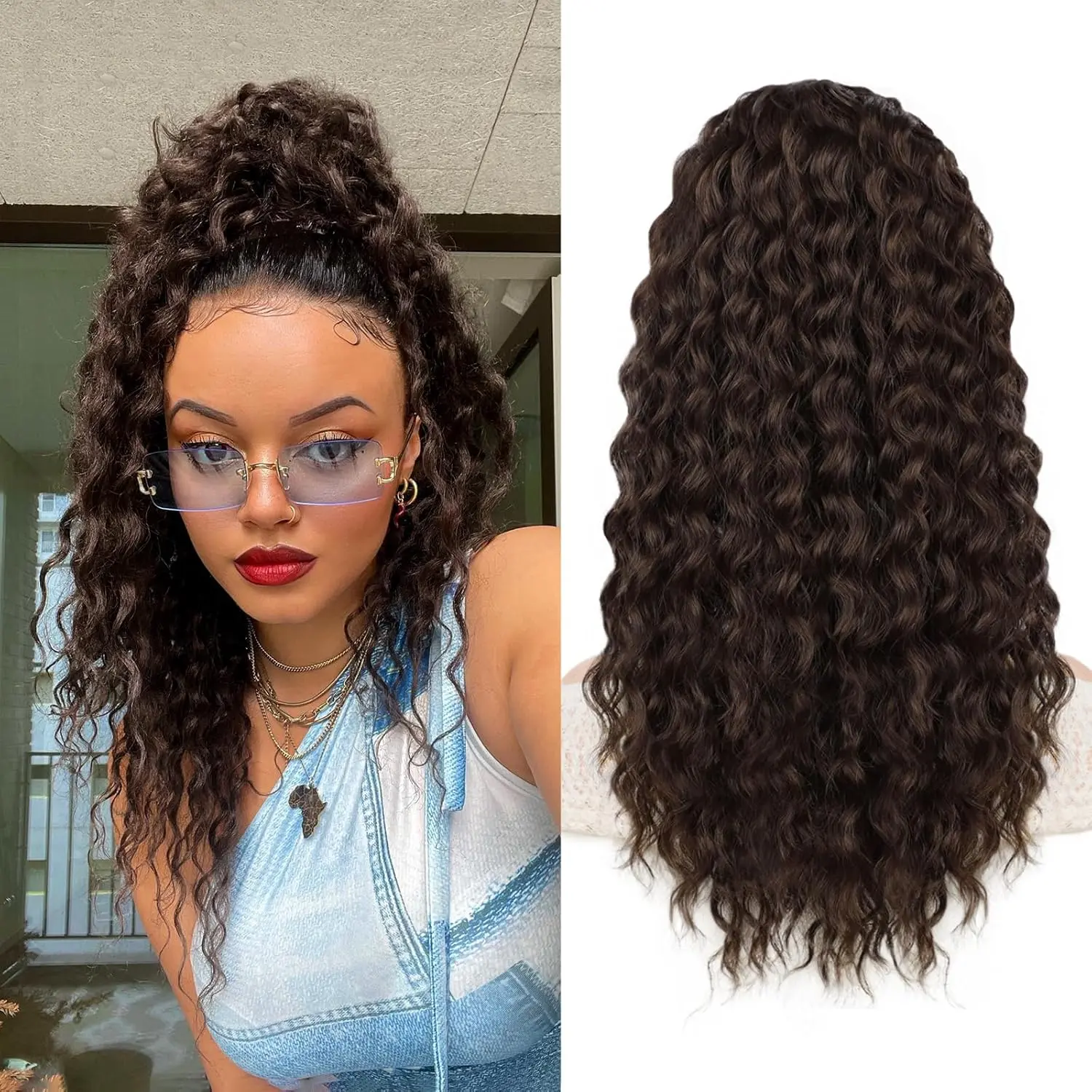 Drawstring Ponytail Extension 22Inch Wavy Curly Ponytail for Women Fluffy Pony Tails Hair Extensions Synthetic Hairpiece for Daily Use